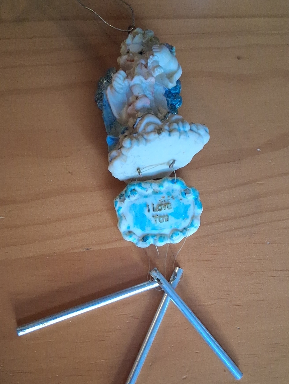 Ceramic Angel Wind Chime Ornament in White and Blue - I Love You